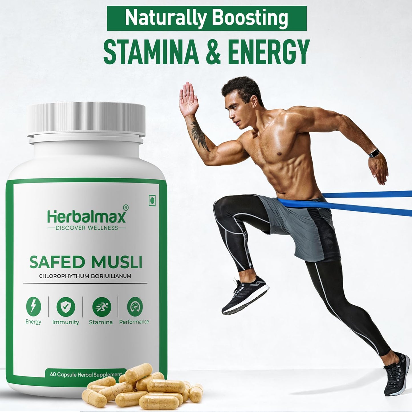Herbalmax Safed Musli 800mg | With Shilajit, Ashwagandha & Gokshura | Natural Energy, Immunity Boost, Stamina & Stress Relief | Enhances Performance & Body Strength for Men & Women â€“ 60 Veg Capsules