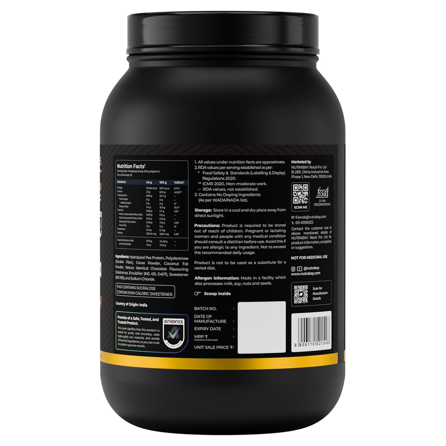 NUTRABAY Gold 100% Pea Protein Powder - 1kg, Rich Chocolate CrÃ¨me | 25g Protein, 4.6g BCAA, 5g Fiber | Complete Amino Profile | Tastiest & Smoothest Vegan, Plant Protein | Muscle Gain & Fast Recovery