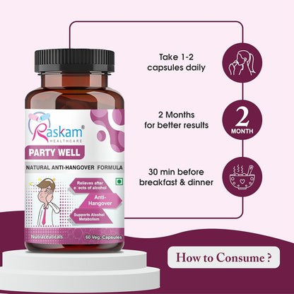 Party Well 60 Capsules- Anti Hangover Formula- Prevents hangover & Helps Support liver. Herbal Solution, Safe, Effective & Clinically Proven