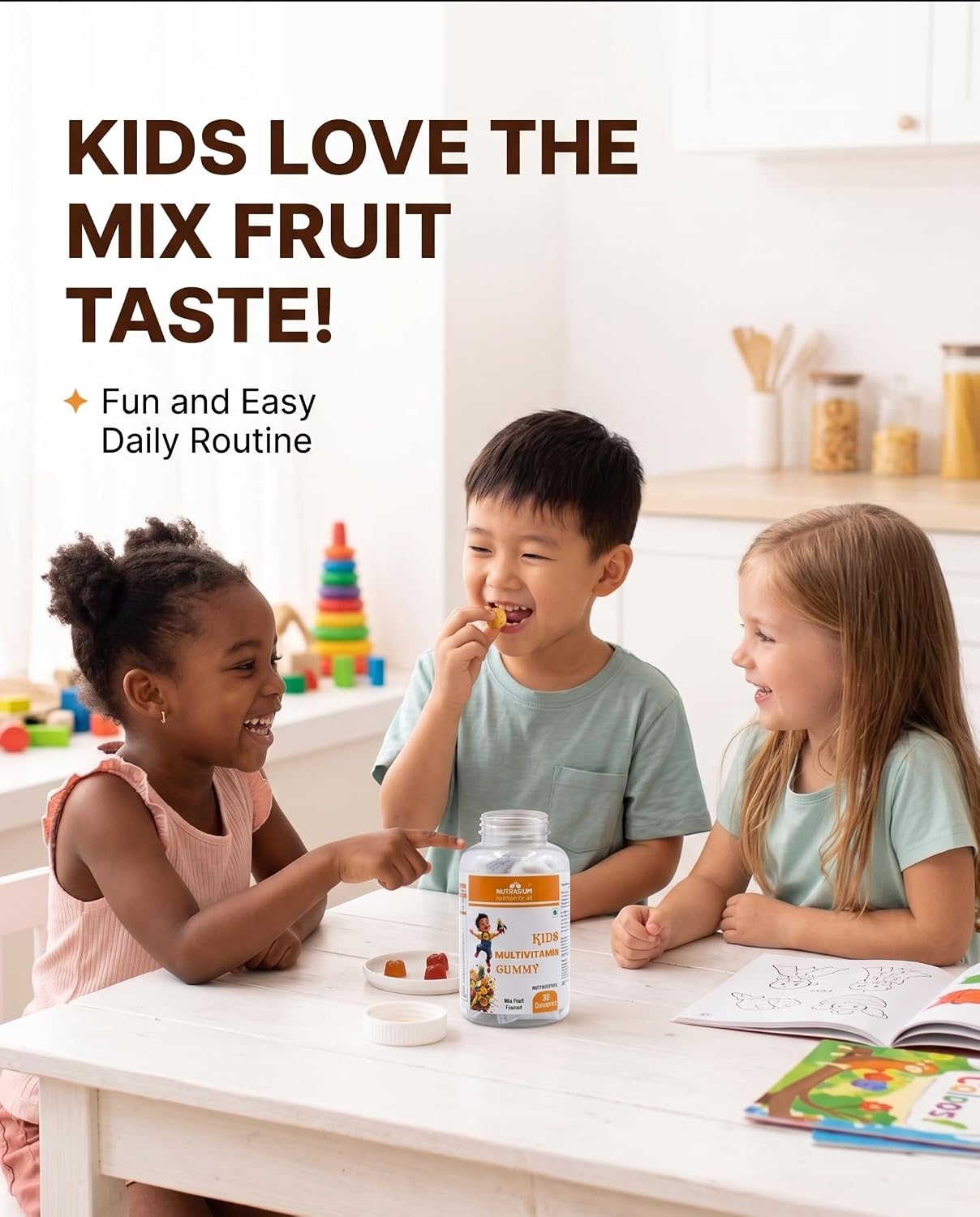 Nutrasium Multivitamin Gummies For Kids | With 14 Vitamins, 10 Minerals | Ashwagandha & Ginseng | 30 Day pack | Improves Immunity, Bone health & Brain Development | No Added Sugar | Mixed Fruit Flavour
