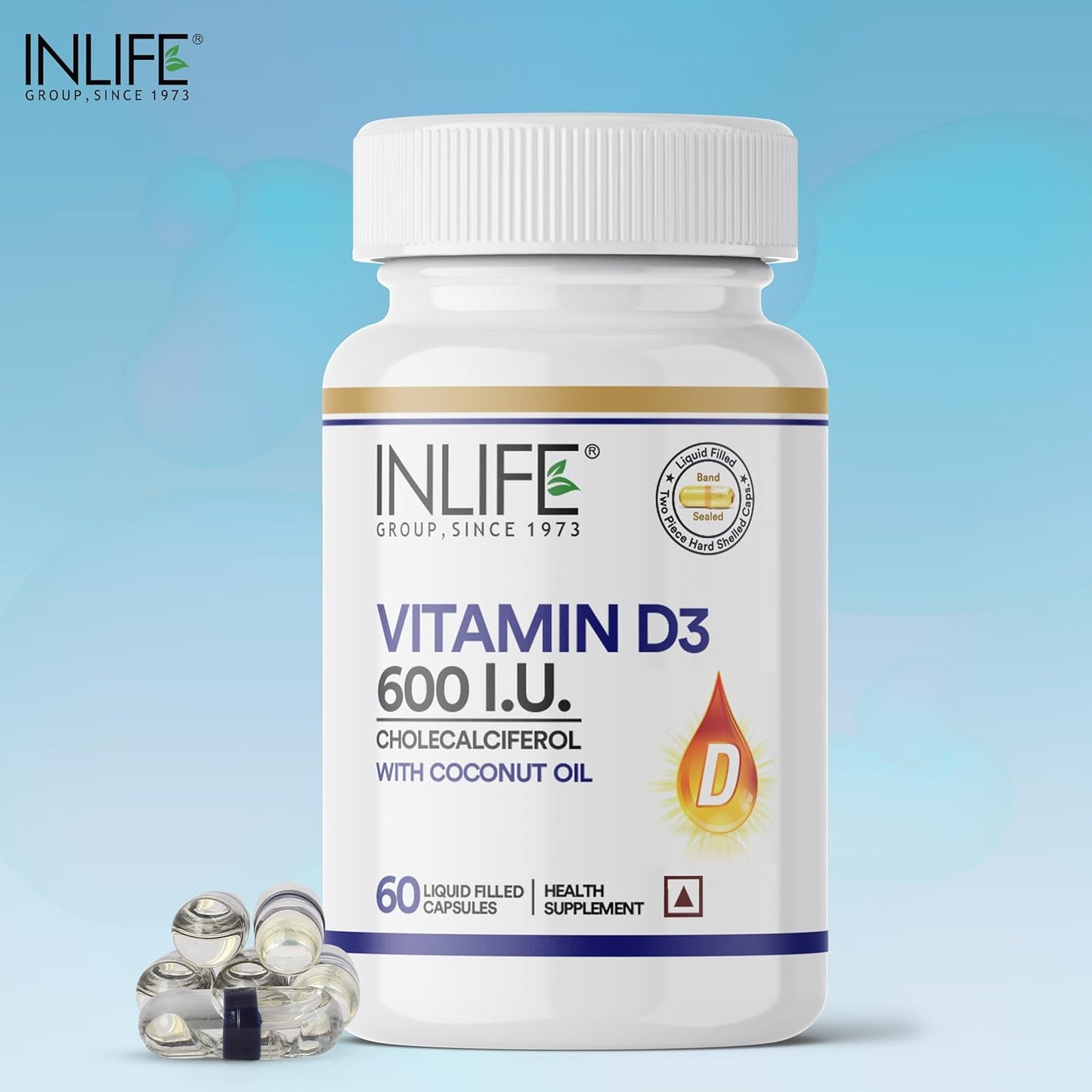 INLIFE Vitamin D3 600 IU Cholecalciferol Supplement with Coconut Oil for Better Absorption, For Men & Women, Immunity, Bone Health, Muscles - 60 Liquid Filled Capsules (Pack of 1)