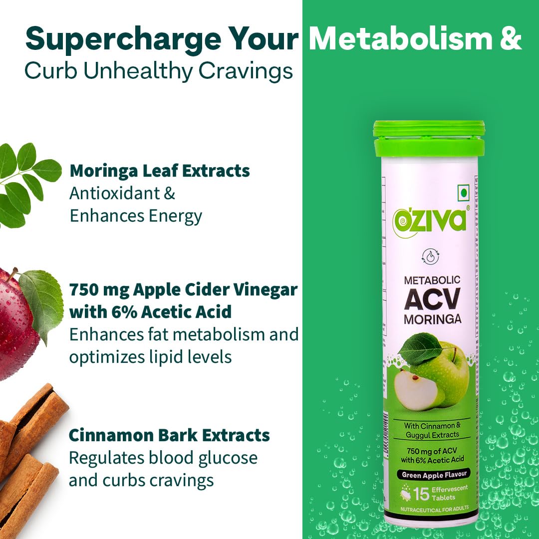 OZiva Acv Moringa|Control Cravings I Apple Cider Vinegar,Cinnamon,Guggul I No Maltodextrin & No Added Sugar I 15 Effervescent Tablets - Green Apple,Pack Of 2 (30 Tablets),2 Count,15 Capsules