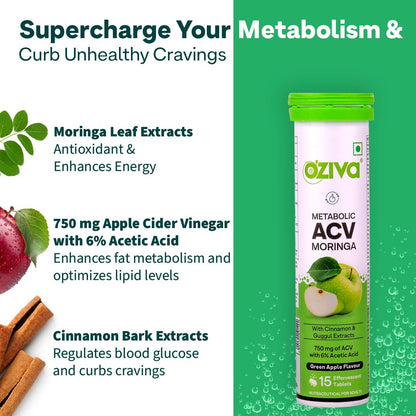 OZiva Acv Moringa|Control Cravings I Apple Cider Vinegar,Cinnamon,Guggul I No Maltodextrin & No Added Sugar I 15 Effervescent Tablets - Green Apple,Pack Of 2 (30 Tablets),2 Count,15 Capsules