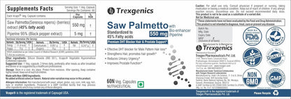 Trexgenics SAW PALMETTO Advanced - High Strength 45% Complex 550 mg with Bio-enhancer Piperine - Hair DHT Blocker & Prostate Support (60 Veg. Capsules) (1)