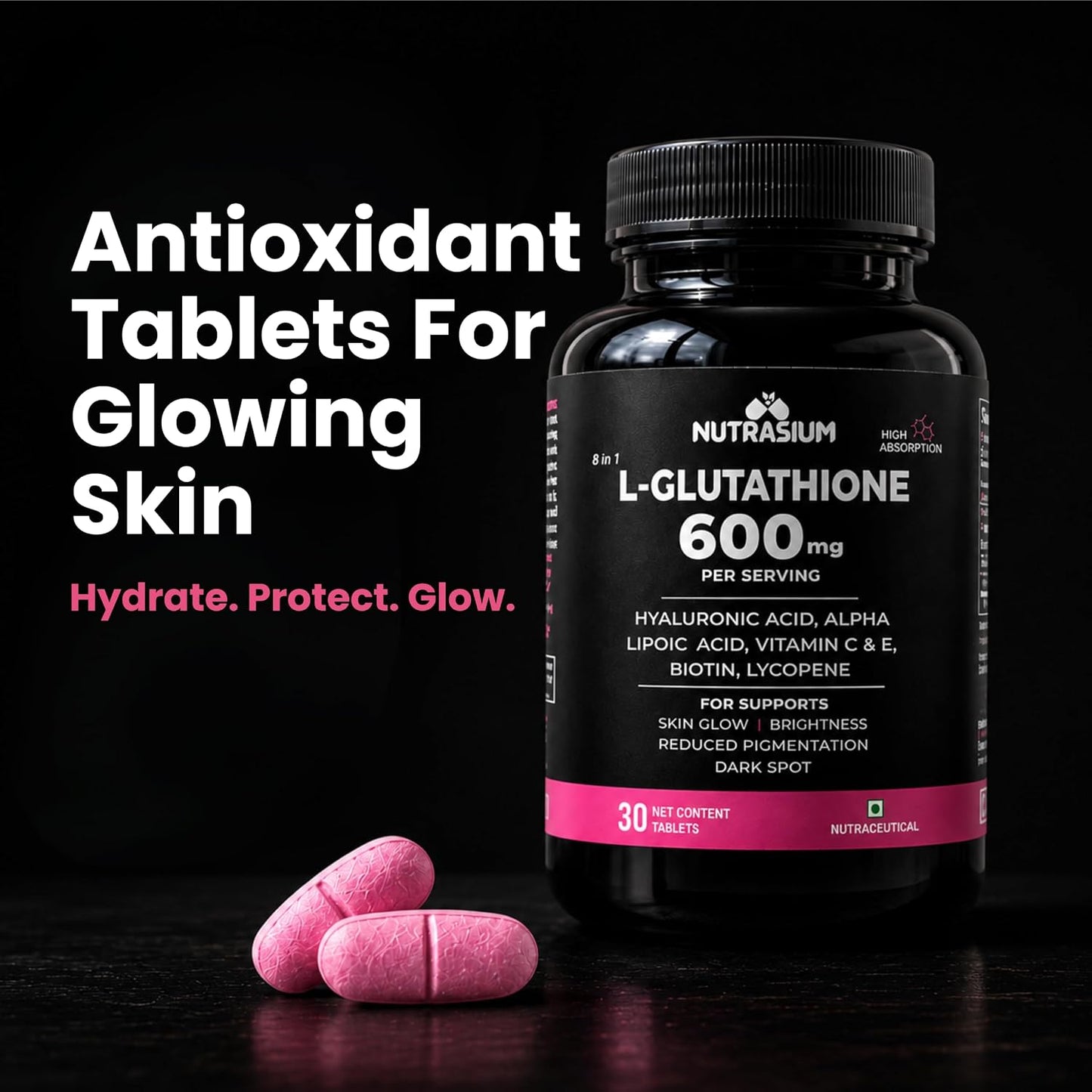 Nutrasium L-Glutathione 600 mg with Hyaluronic Acid & Biotin | For Skin Glow, Hydration, Even Skin tone & Skin Radiance | Reduce Pigmentation & Dark Spot | 60 Tablets