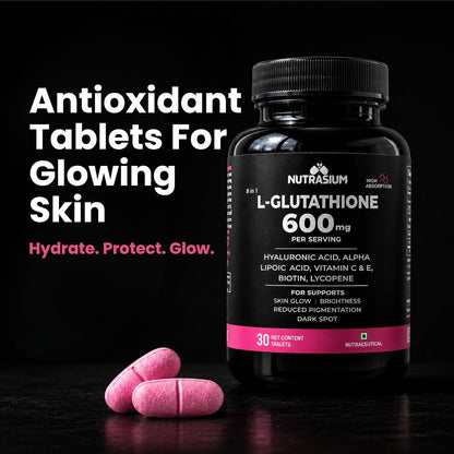 Nutrasium | Glutathione tablets for skin Glow | L-Glutathione 600 mg with Hyaluronic Acid & Biotin | For Skin Glow, Brightening, Hydration, Even skin tone & Skin Radiance | Added Vitamin C & E with Lycopene | 30 Tablets