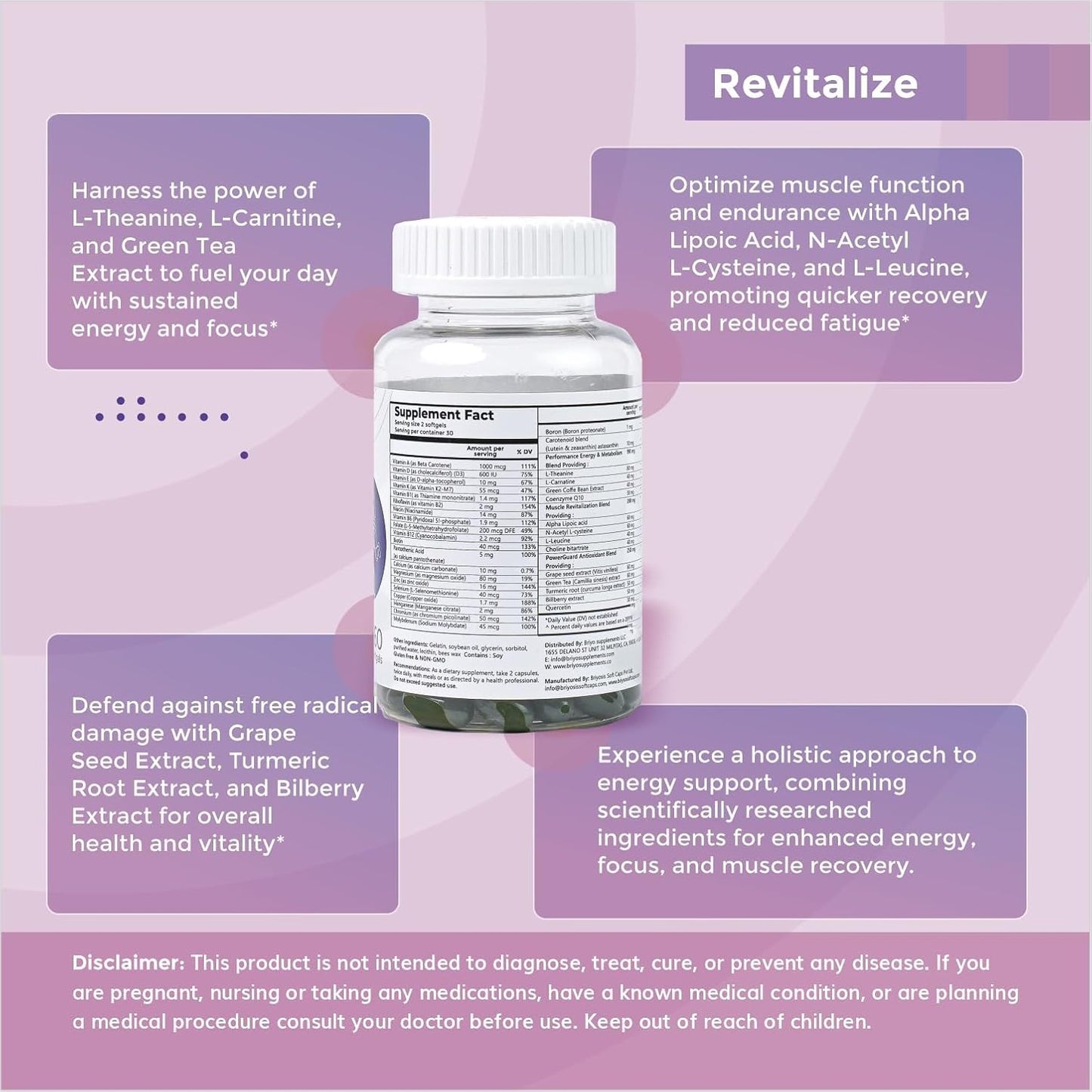 Briyo All Around Revitalize - Energy Boost and Muscle Function Support: Enhances Energy Levels and Metabolism, Vitamins & Minerals, Tea, Grape Seed, Turmeric Root, Amino Acids, and More - 30