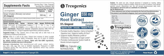 Trexgenics GINGER (Bioactive 5% Gingerol) 550 mg Standardized for Digestive Health, Immunity, Metabolic Profile, Immunity Support (60 Vcaps) (1)
