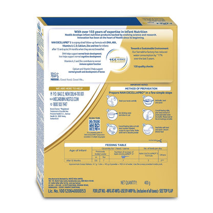 NestlÃ© NAN EXCELLAPRO Nan Stage 3 Follow-Up Formula Milk Powder For Babies, 12-24 months, With DHA, ARA, 400g Pouch in Box