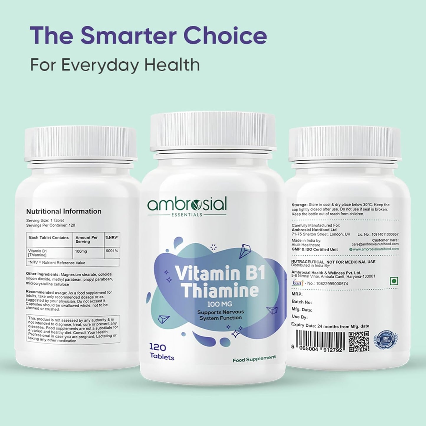 Ambrosial Vitamin B1 Thiamine 100mg - High Strength Vitamin B1 Thiamine for Heart, Immune System, Psychological Function, and Energy Yielding - 120 Tablets