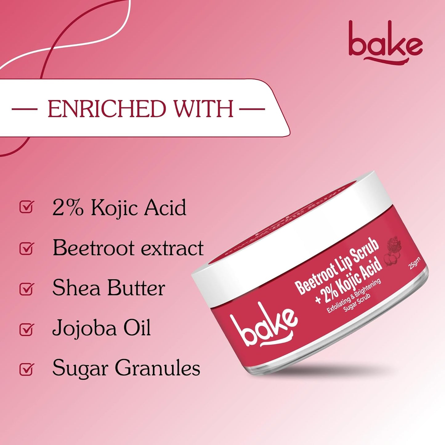 BAKE 2% Kojic Acid Beetroot Lip Scrub for Dark Pigmented Lips with Sugar Granules for Dry & Pink Lips, For Men & Women - 25g