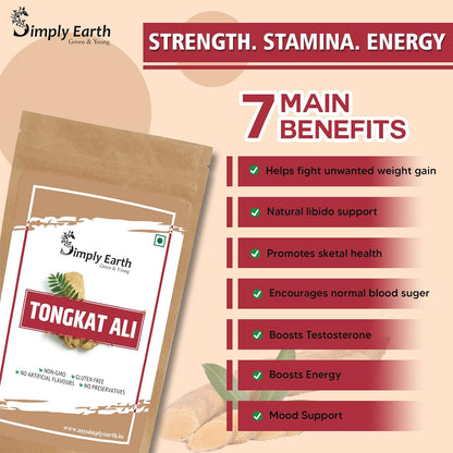 Simply Earth Power & Focus Combo: 50g Pure Tongkat Ali Root Powder (100:1 Extract) + 100g Ginkgo Biloba Powder - Herbal Blend for Stress Tolerance, Brain Health and Strength