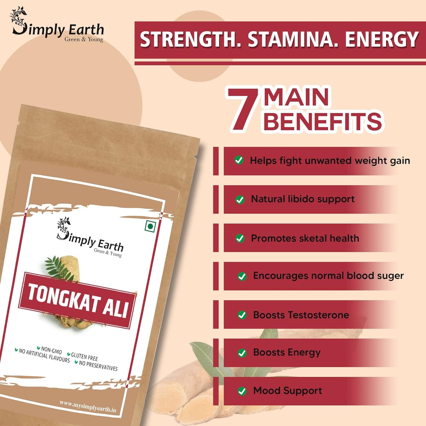 Simply Earth Menâ€™s Performance Duo - Tongkat Ali Longjack Root Extract 50g & Korean Red Ginseng 100g - Natural Supplement for Stamina, Energy, and Stress Tolerance