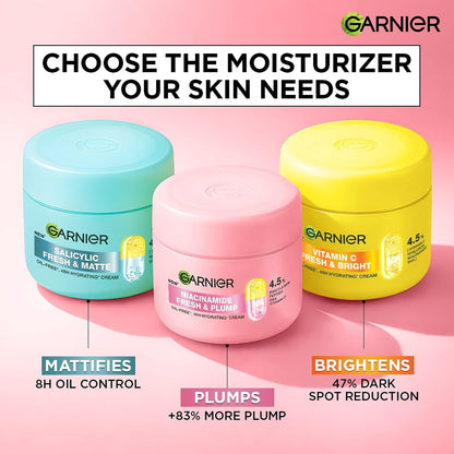Garnier Fresh & Plump Niacinamide Sorbet Moisturizer Cream, 4.5% Niacinamide + Peptide + BHA + Vitamin C, 9x Lighter Sorbet Texture, For Hydrated and Plump Skin, Suitable for Oily to Normal & Combination Skin, 90g