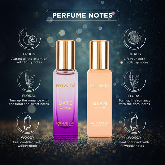 BELLAVITA Date & Glam Women Long Lasting | Perfume for Woman | Gifts for Woman | EDP 2x20ml | Floral, Fruity, Citrusy & Woody Premium Fragrance