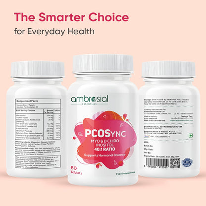 Ambrosial PCOS Supplement for Women | 40:1 Myo Inositol 2000mg & D Chiro Inositol 50mg | With Berberis, Folate, Chromium, Zinc, B6, B12, Vitamin D2 | Hormonal & Metabolic Support | 60 Tablets