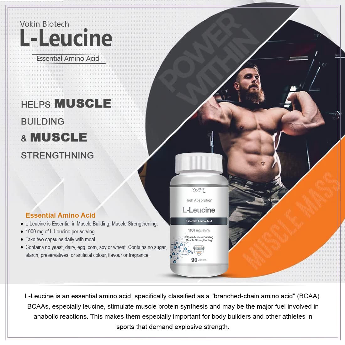 Vokin biotech L- Leucine â€“ Supports muscle Building, Muscle Strengthening â€“ 1000mg (90 Capsules)