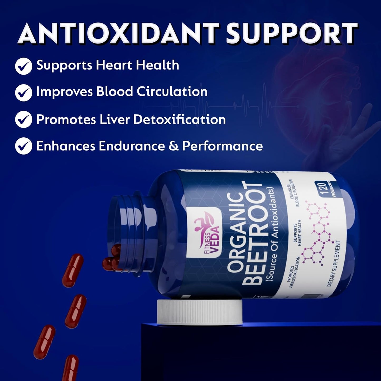 Fitness Veda Organic Beetroot Capsules â€“ 120 Veg Capsules - Heart Health, Blood Pressure & Endurance Support â€“ Rich Antioxidant Capsule - Natural Superfood Supplement â€“ Non-GMO, Gluten-Free