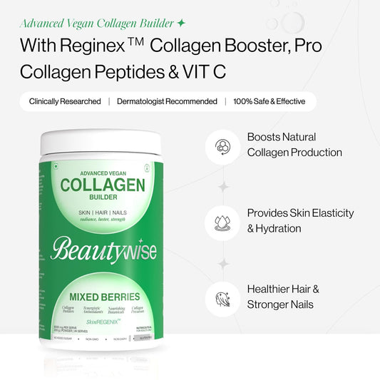 Beautywise Plant Advanced Collagen Builder | 100% Plant Based with Active Ingredients | Pomegranate extract, Antioxidants, Amino acids | 200 g For Natural Collagen Production, Skin Hydration, Repair | Mixed Berries (25 Servings)