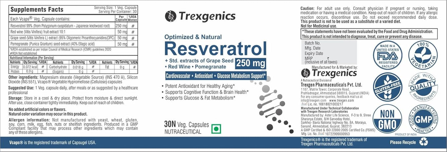 Trexgenics Natural RESVERATROL 250 mg + Grape Seed OPC, Pomegranate Ellagic acid, Red Wine Cardiovascular Health, Antioxidant & Glucose Metabolism VEGAN & NON-GMO (30 Veg. Capsules) (Pack of 1)