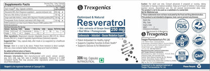 Trexgenics Natural RESVERATROL 250 mg + Grape Seed OPC, Pomegranate Ellagic acid, Red Wine Cardiovascular Health, Antioxidant & Glucose Metabolism VEGAN & NON-GMO (30 Veg. Capsules) (Pack of 1)
