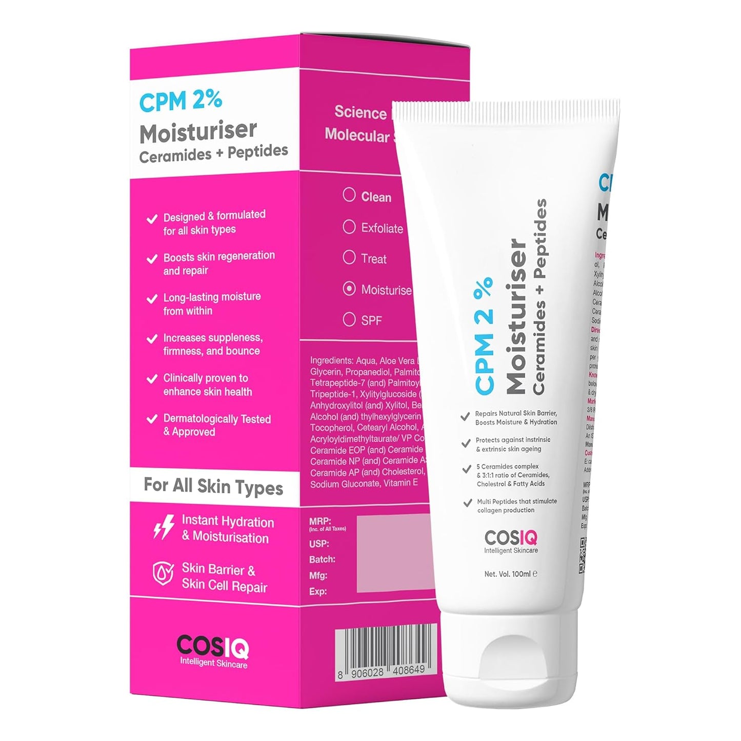 Cos-IQ CPM 2% Ceramides Moisturizer with Peptides for Intense Moisturizing and Skin Strengthening | Barrier Repair Cream | For Oily, Dry, Normal & Sensitive Skin | 100ml