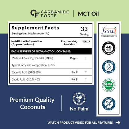 Carbamide Forte Pure MCT Oil C8 From USA | 100% Coconut Source | MCT Oil Keto & Paleo Friendly | Vegetarian â€“ 500ml