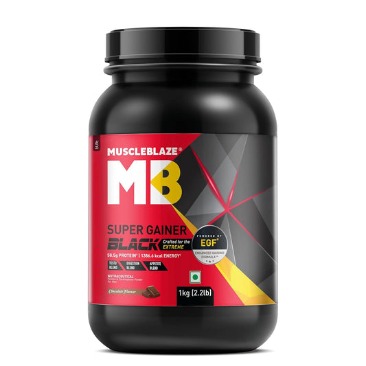 MuscleBlaze Super Gainer Black with Enhanced Gaining Formulaâ„¢- Appetite, Digestion & Testo Blend for Muscle Mass Gain (Chocolate, 1 kg / 2.2 lb)