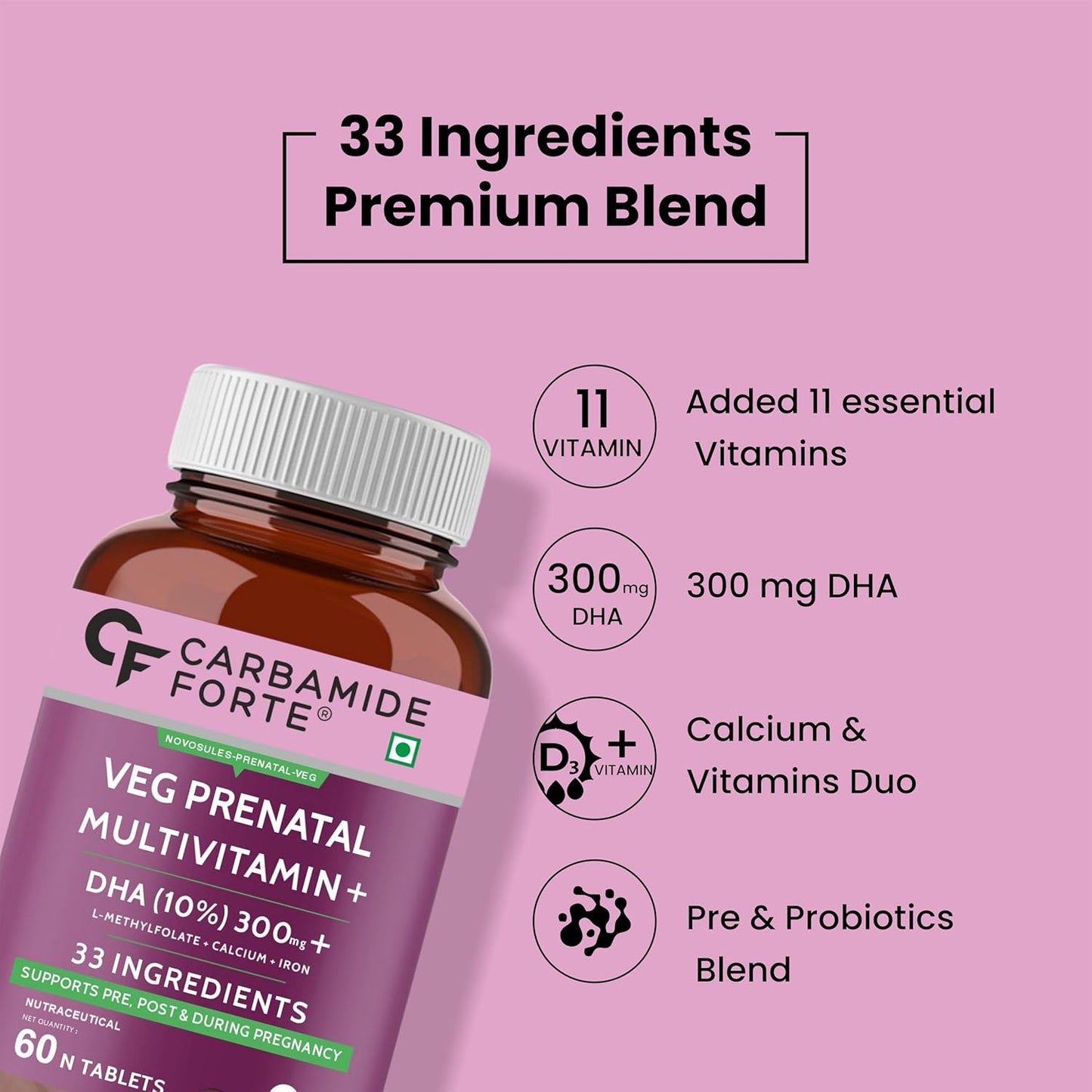 Carbamide Forte Veg Prenatal Multivitamin for Pregnancy with DHA 300mg Multivitamin for Women- 1 count, 60 capsules