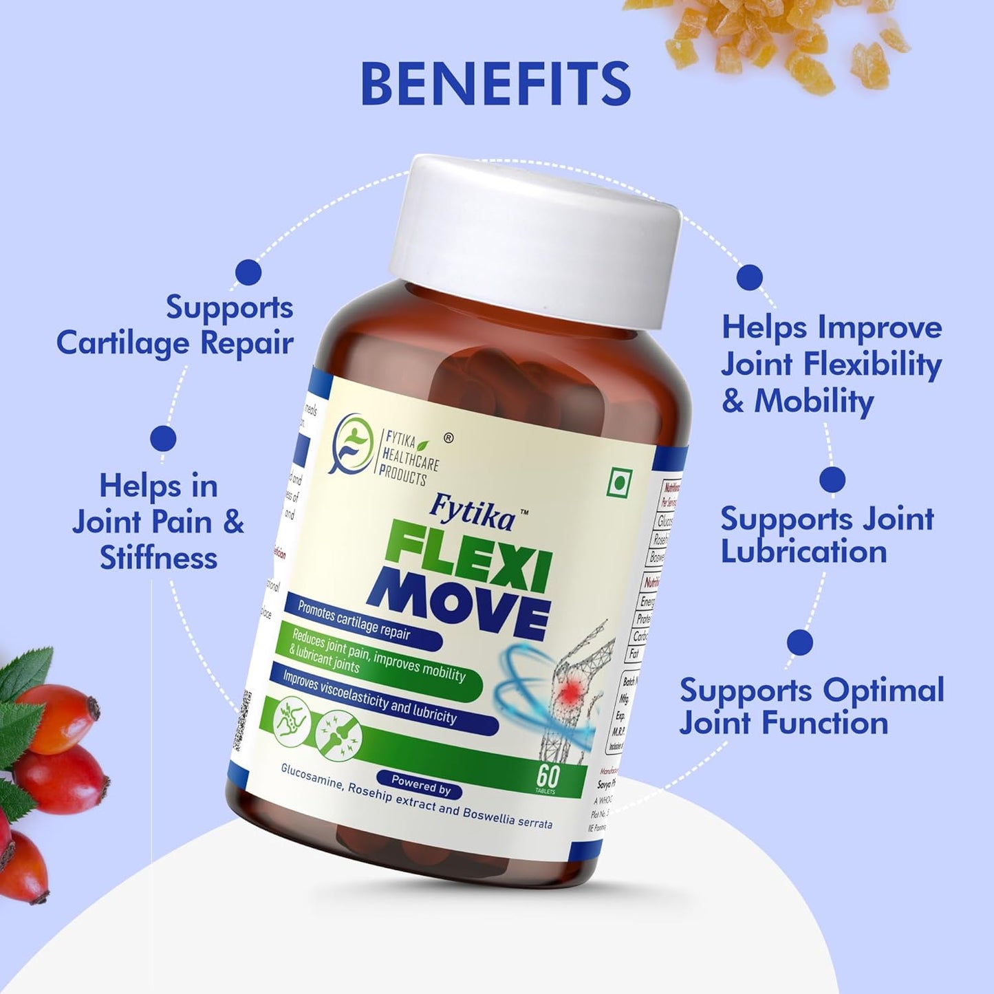 FYTIKA Flexi Move - 60 Tablets (Pack of 1)| Glucosamine, Rosehip Powder, Boswellia Extract | 4 in 1 Formula that Supports Your Bone, Joint, And Cartilage Health | For Men and Women