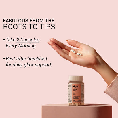 Be. Glossy Hair Supplements for Women | Biotin Tablets for Hair Growth & Nail Strength with Hyaluronic Acid, Vitamin E, Vitamin B12 Tablets & L-Cysteine | Hair & Nail Vitamins | 30 Day Supply | 60 Capsules