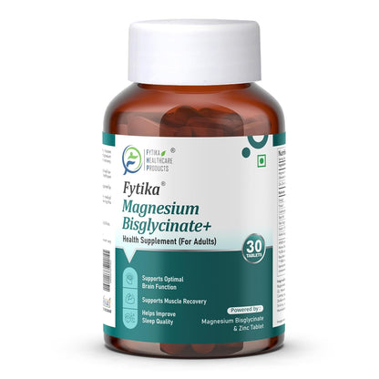 Fytika Magnesium Bisglycinate + | High Absorption Chelated Form| For Better Sleep, Stress Management, Muscle Recovery & Enhanced Workout | With Magnesium glycinate(as Bisglycinate) & Zinc | For Men & Women (Pack of 1 30 Tab)