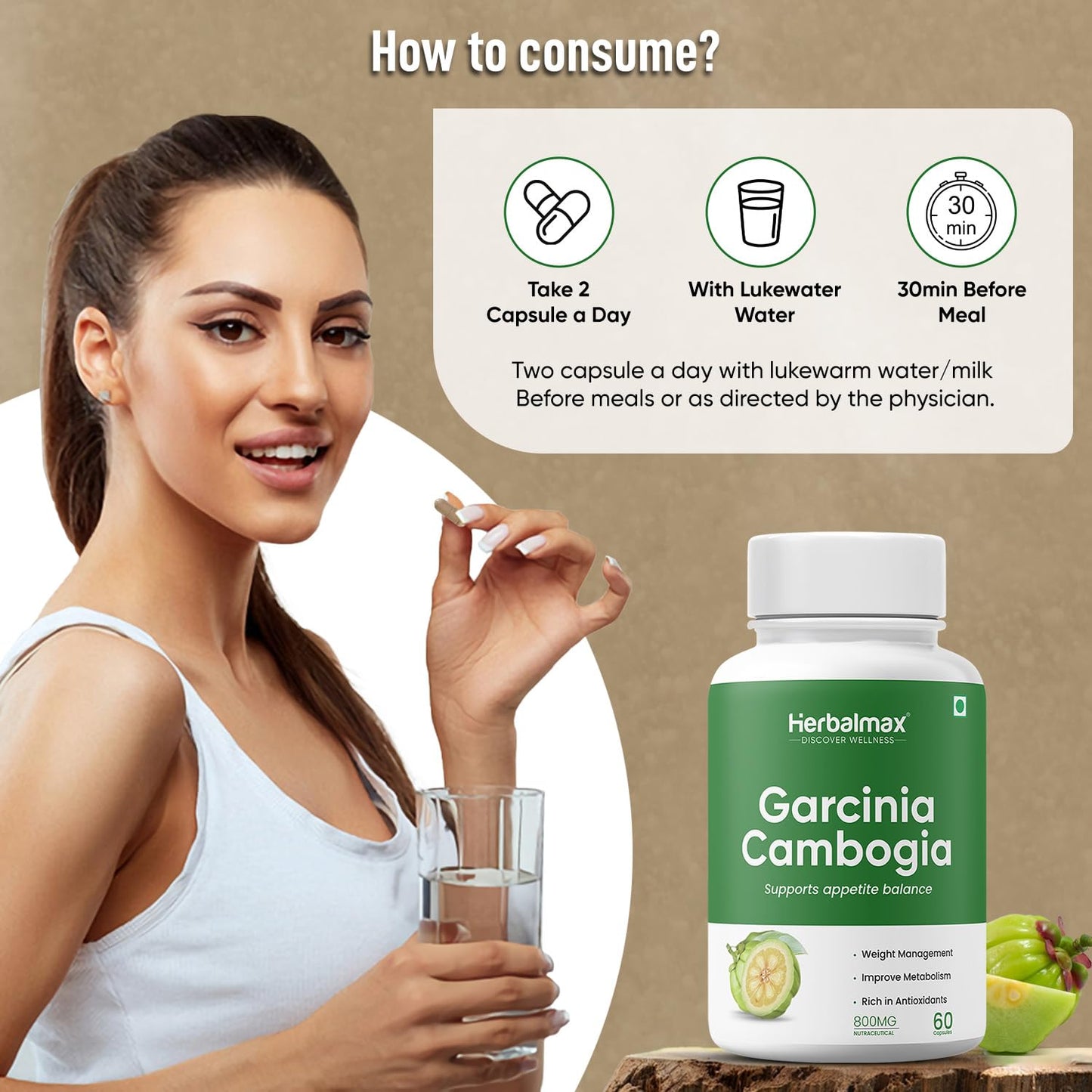 Herbal Max Garcinia Cambogia Capsules â€“ 60 Veg Capsules | 60% HCA & Green Tea Extract | Supports Weight Management, Fat Burning, Digestion & Metabolism