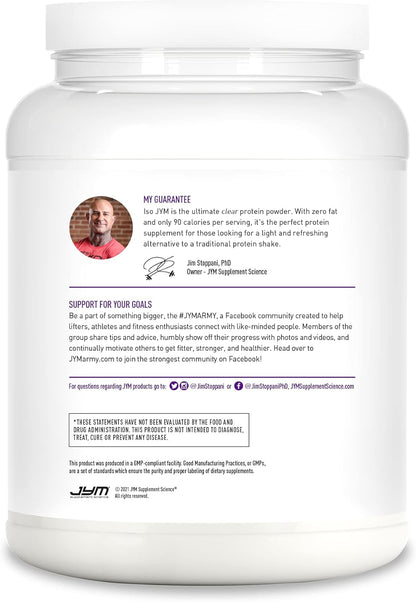 JYM Supplement Science Iso JYM Grape, 90 Calories, 100% Whey Protein Isolate, Zero Fat, Zero Sugars, Mixes Clear, for Women & Men, 20 Servings