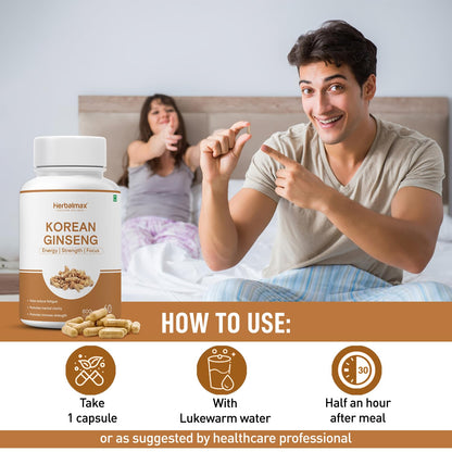 Herbal Max Korean Ginseng Capsules â€“ 60 Veg Capsules | Boosts Immunity, Stamina & Energy | Natural Stress Support | Ayurvedic Supplement for Men & Women