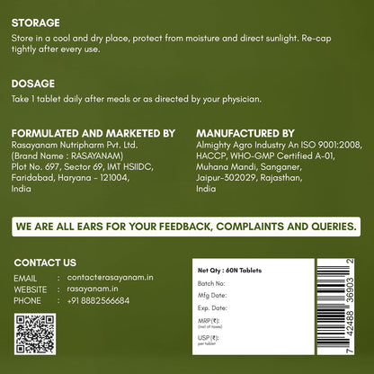 Rasayanam Gokshura Tablets 1000mg Gokhru per Serving, Highest Saponins 60%, Tribulus Terrestris for Men & Women | Improves Energy, Muscle Strength, Stamina & Supports Recovery - 60 Tablets