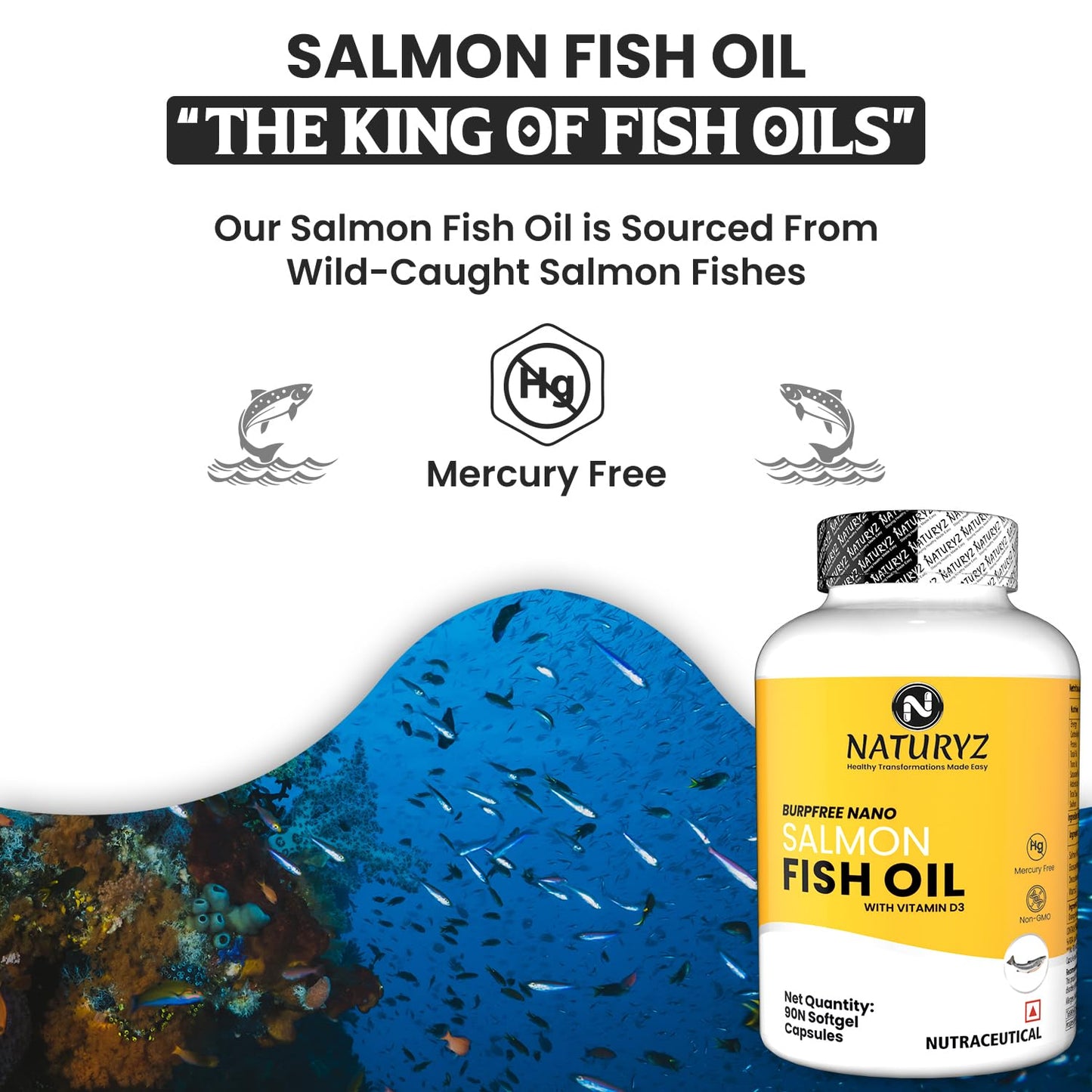 Naturyz Burpfree Salmon Fish Oil Capsules 2000Mg With Vitamin D3 | No Fishy Burps | Epa & Dha | Nano Emulsion Capsules For Faster Absorption & Superior Bioavailability -90 Softgels, 100 grams