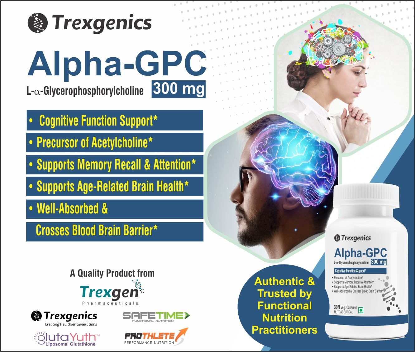 Trexgenics ALPHA-GPC 300 mg L-Î±-Glycerophosphorylcholine Cognitive Function, Brain Health Support (30 Veg Capsules)