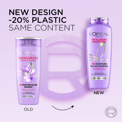 L OrÃ©al Paris Moisture Filling Shampoo, With Hyaluronic Acid, For Dry & Dehydrated Hair, Adds Shine & Bounce, Hyaluron Moisture 72H, 340Ml.