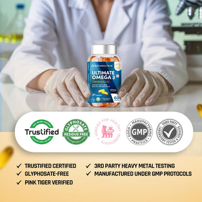 NATURALTEIN Omega-3 Fish Oil 1250mg Triple Strength Softgels | 450mg EPA & 300mg DHA in Triglyceride Form for Better Absorption | Heart, Brain, Eye & Joint Support | Glyphosate-Free | 60 Capsules