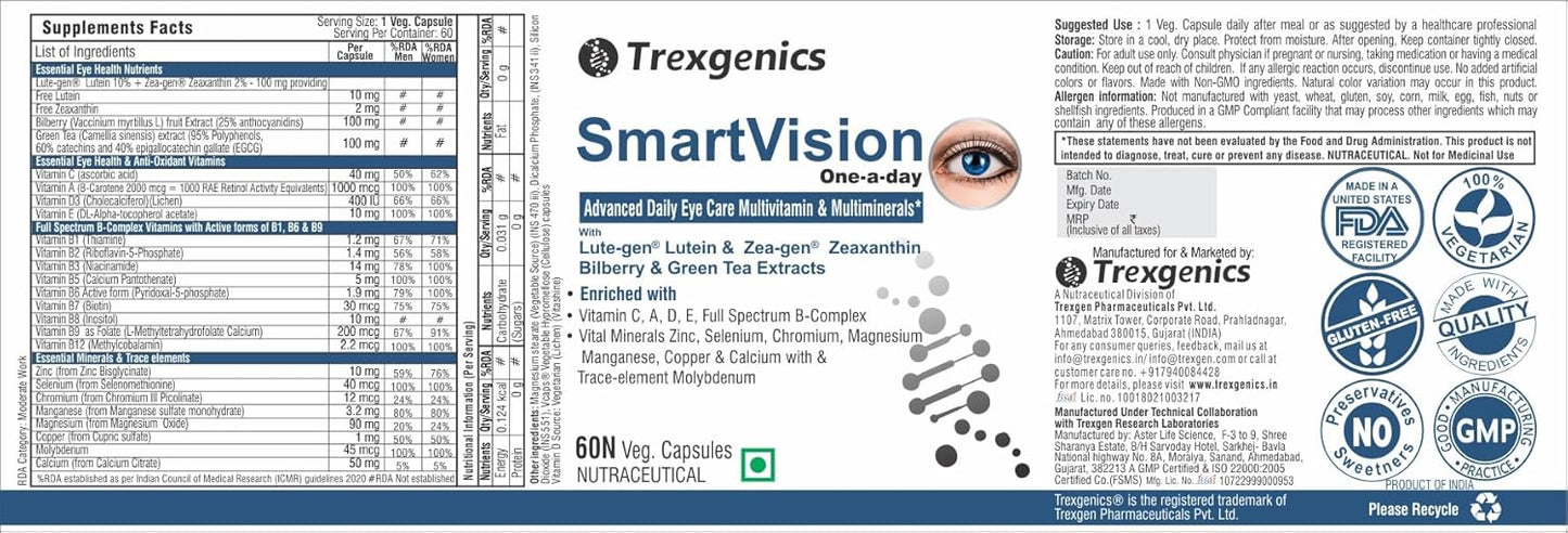 Trexgenics Smartvision Advanced Eye Care Multivitamin with Lutein, Zeaxanthin, Bilberry, Green Tea, Vitamin A, d, e, c, B-Complex and Minerals One-a-Day Formula for Digital Age -60 Veg. Capsules