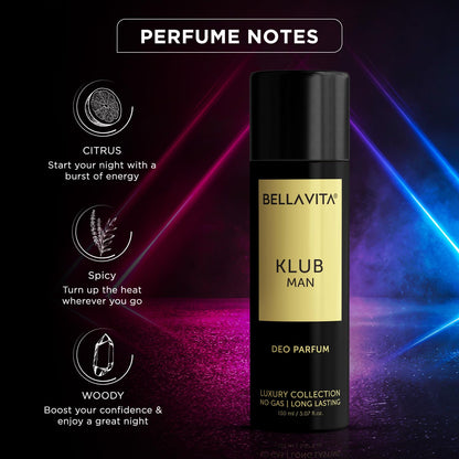 Bella Vita KLUB Men Body Perfume 150ml | No Gas Deo for Men | Deodorants Man | Long Lasting Spicy and Musky Fragrance with Refreshing Lemon, Rose Petals & Warm Vanilla Notes