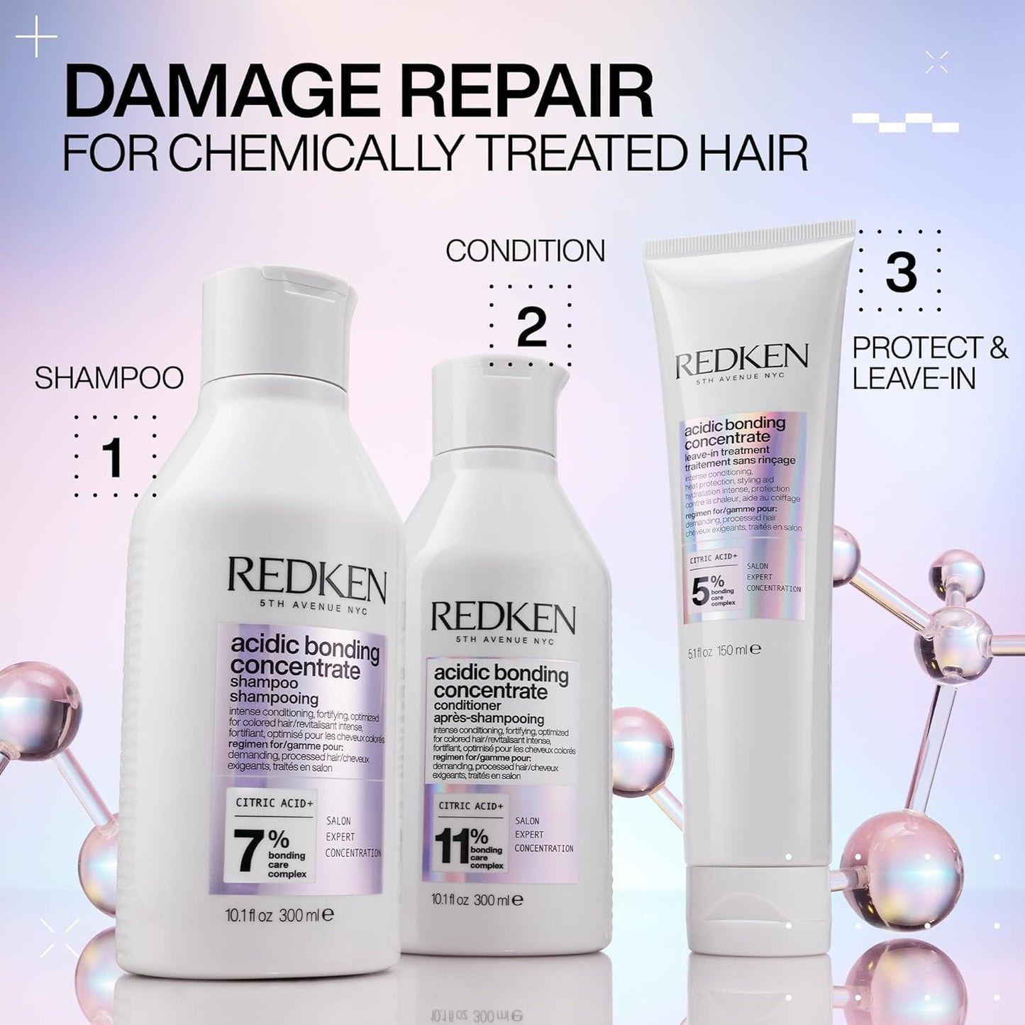 Redken Acidic Bonding Concentrate Sulphate Free Shampoo With Citric Acid, 300 ml | Professional pH Balancing Bond Repair Shampoo For Dry, Damaged, Coloured and Frizzy Hair | For Men & Women