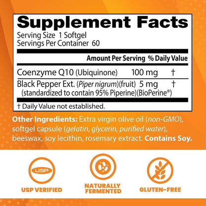 Doctor's Best High Absorption CoQ10 with BioPerine, Gluten Free Naturally Fermented, Heart Health & Energy Production, 100 mg, 60 SoFtgels