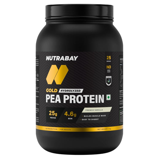 NUTRABAY Gold 100% Pea Protein Powder - 1kg, French Vanilla | 25g Protein, 4.6g BCAA, 5g Fiber | Complete Amino Profile | Tastiest & Smoothest Vegan, Plant Protein | Muscle Gain & Fast Recovery