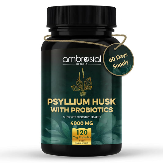 Ambrosial Psyllium Husk Capsules - 4000 MG with Probiotics: Detoxify and Revitalize Your Digestive System with Natural Fiber Support - 120 Vegan Capsules