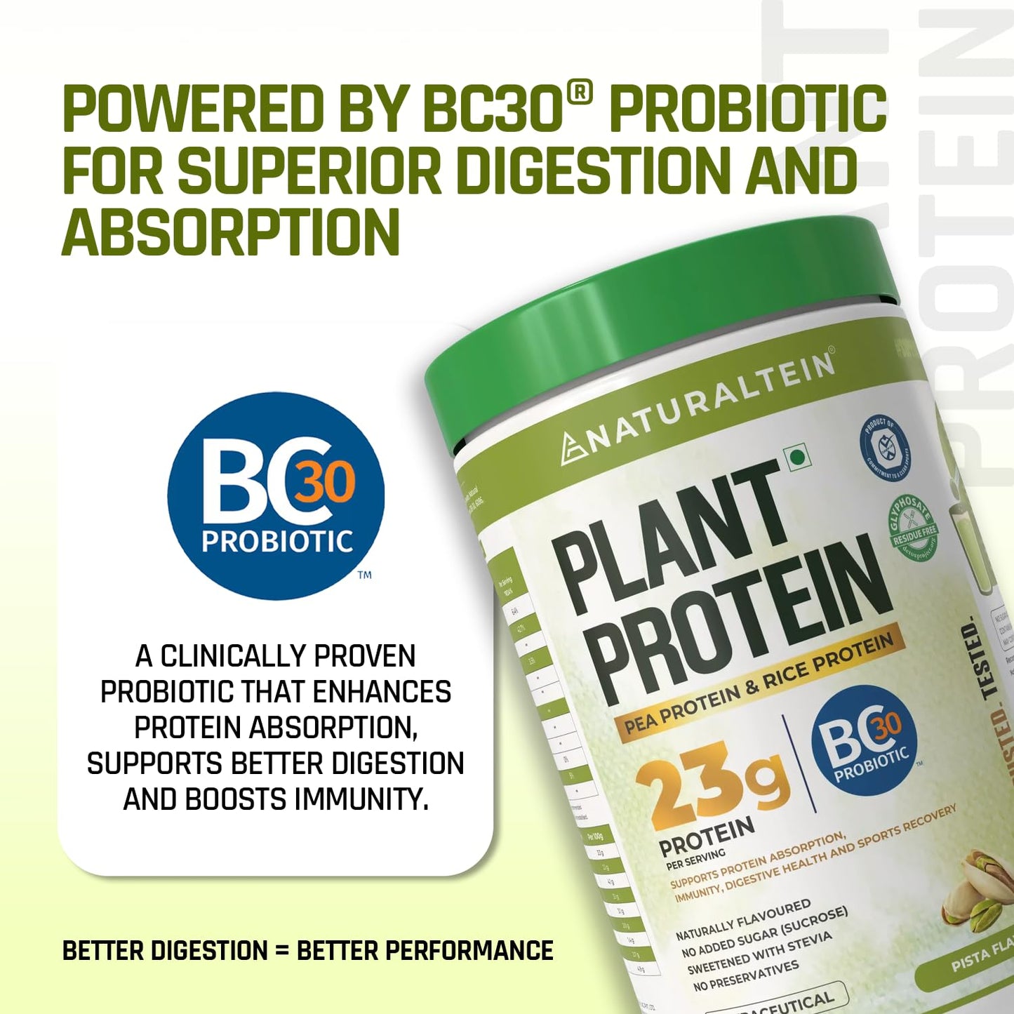 NATURALTEIN Plant Protein | 23g Clean Vegan Protein with BC30 Probiotic | Natural Pista Flavour | Supports Strength, Energy & Gut Health | No Added Sugar, 100% Natural & Easily Digestible
