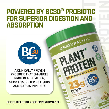NATURALTEIN Plant Protein | 23g Clean Vegan Protein with BC30 Probiotic | Natural Pista Flavour | Supports Strength, Energy & Gut Health | No Added Sugar, 100% Natural & Easily Digestible