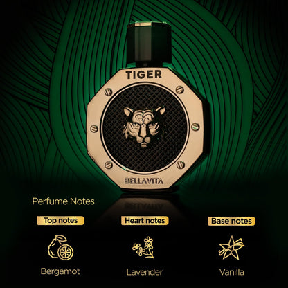 BELLAVITA TIGER | Long Lasting EDP 100ml Perfume for Man | with Bergamot, Pink Pepper, Patchouli, Lavender, Agarwood & Oud | Woody Premium Fragrance for Men