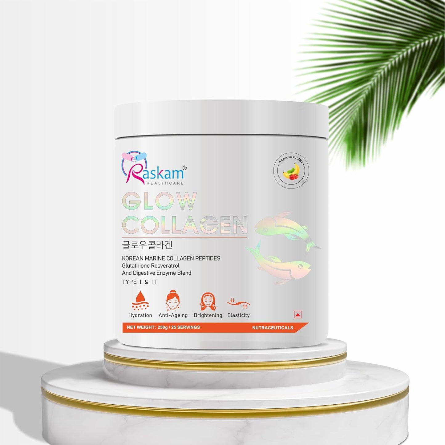 Glow Collagen Powder 250gm of 25 Servings | Korean Marine Flavored (Banana Berry) Collagen Powder Supplements for Women & Men